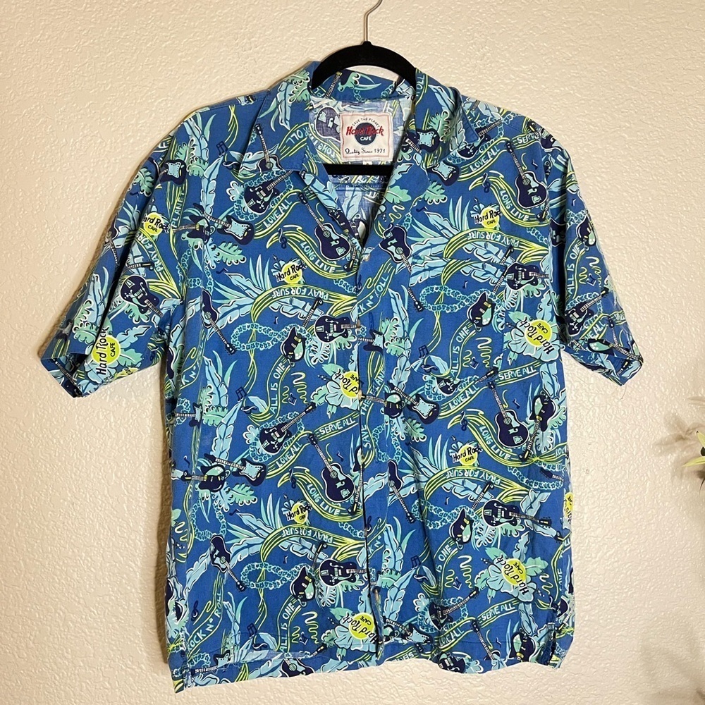1990 Hard Rock Cafe Short Sleeve Hawaiian Guitar Button Front Shirt Men's S Blue
